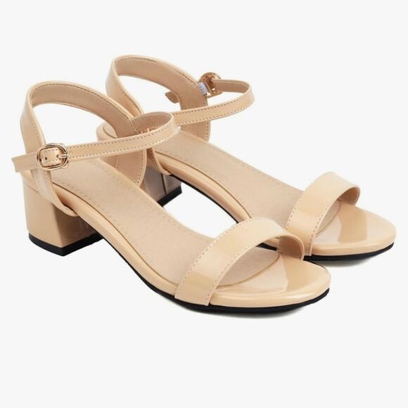 Cream Block Heel Shoes with Ankle Strap - Picture 1 of 15